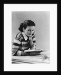 Young brunette woman teen striped sweater reading book studying by Anonymous