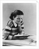 Young brunette woman teen striped sweater reading book studying by Anonymous