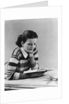 Young brunette woman teen striped sweater reading book studying by Anonymous