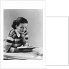 Young brunette woman teen striped sweater reading book studying by Anonymous