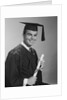 Smiling man holding diploma wearing graduation robes by Anonymous