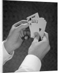 Male hands holding hand poker cards 4 aces and a king by Anonymous