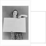 Woman holding blank poster sign hand pointing from top by Anonymous