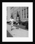 Boy girl running down sidewalk carrying school books smiling by Anonymous