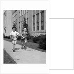 Boy girl running down sidewalk carrying school books smiling by Anonymous