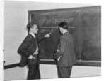2 students professors mathematicians blackboard studying complex equations by Anonymous