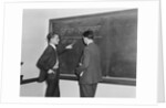 2 students professors mathematicians blackboard studying complex equations by Anonymous