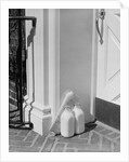 Glass milk bottles and newspaper by front door home delivery by Anonymous