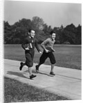 Two smiling boys running carrying school books by Anonymous