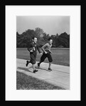 Two smiling boys running carrying school books by Anonymous