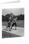 Two smiling boys running carrying school books by Anonymous
