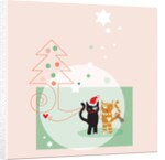 Two cats next to a Christmas tree and stars on a pink background by Anonymous