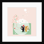 Two cats next to a Christmas tree and stars on a pink background by Anonymous