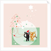 Two cats next to a Christmas tree and stars on a pink background by Anonymous