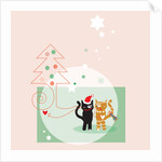 Two cats next to a Christmas tree and stars on a pink background by Anonymous