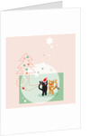 Two cats next to a Christmas tree and stars on a pink background by Anonymous