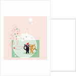 Two cats next to a Christmas tree and stars on a pink background by Anonymous