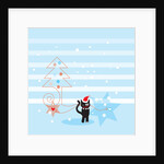 A black cat wearing a Santa hat next to a Christmas tree and stars by Anonymous