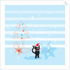 A black cat wearing a Santa hat next to a Christmas tree and stars by Anonymous