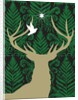 Silhouette of a deer, a dove and a star against a decorative background by Anonymous