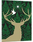 Silhouette of a deer, a dove and a star against a decorative background by Anonymous