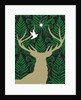 Silhouette of a deer, a dove and a star against a decorative background by Anonymous