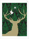 Silhouette of a deer, a dove and a star against a decorative background by Anonymous