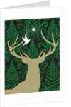 Silhouette of a deer, a dove and a star against a decorative background by Anonymous