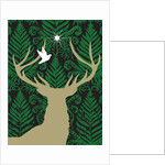 Silhouette of a deer, a dove and a star against a decorative background by Anonymous