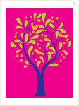 A fruit tree with birds in it on a pink background by Anonymous