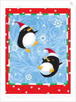 Two penguins in Santa hats playing in the snow by Anonymous
