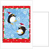 Two penguins in Santa hats playing in the snow by Anonymous
