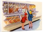 Boy and girl shopping at butcher shop by Anonymous