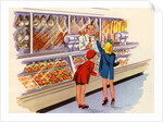 Boy and girl shopping at butcher shop by Anonymous