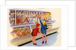 Boy and girl shopping at butcher shop by Anonymous