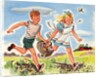 Boy and girl running with basket of groceries by Anonymous
