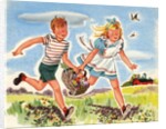 Boy and girl running with basket of groceries by Anonymous