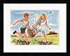 Boy and girl running with basket of groceries by Anonymous