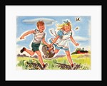 Boy and girl running with basket of groceries by Anonymous