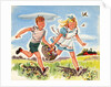 Boy and girl running with basket of groceries by Anonymous