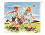 Boy and girl running with basket of groceries by Anonymous