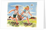 Boy and girl running with basket of groceries by Anonymous