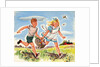 Boy and girl running with basket of groceries by Anonymous