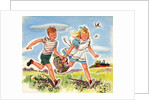 Boy and girl running with basket of groceries by Anonymous