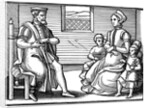 Woodcut of Puritan family learning to sing psalms by Anonymous