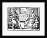 Woodcut of Puritan family learning to sing psalms by Anonymous