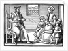 Woodcut of Puritan family learning to sing psalms by Anonymous