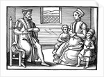 Woodcut of Puritan family learning to sing psalms by Anonymous