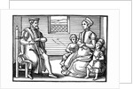 Woodcut of Puritan family learning to sing psalms by Anonymous