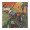 Boy daydreaming while fishing by Anonymous